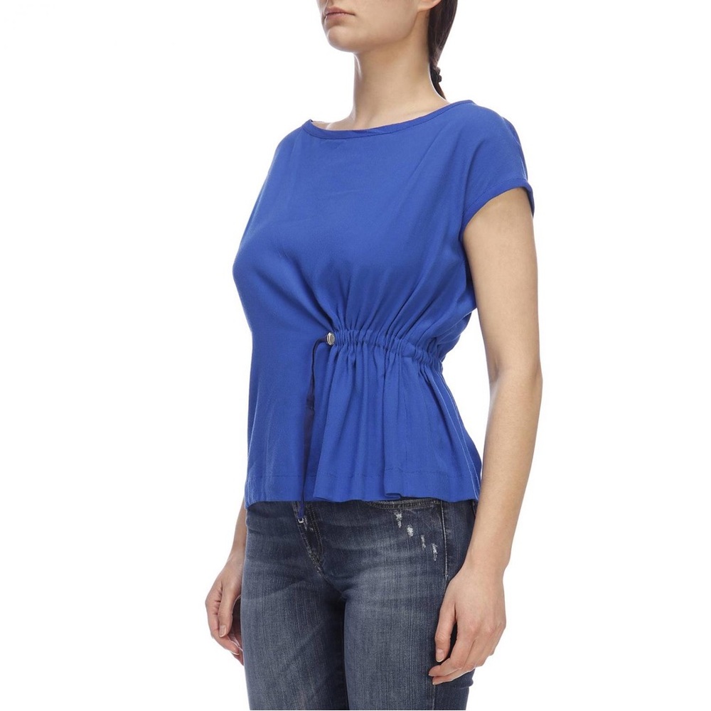 PINKO blue scoop neck gathered side satin short sleeve top